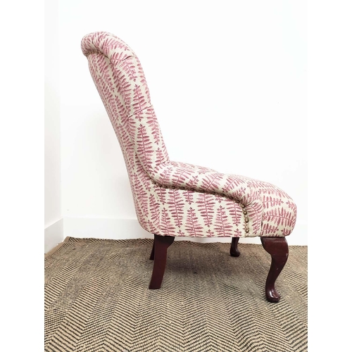 150 - SLIPPER CHAIR, Victorian style in pink fern patterned fabric, 85cm H x 63cm.