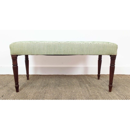 151 - STOOL, part Regency mahogany with patterned green upholstery, 44cm H x 94cm x 44cm.