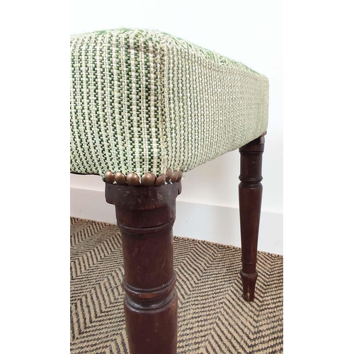 151 - STOOL, part Regency mahogany with patterned green upholstery, 44cm H x 94cm x 44cm.