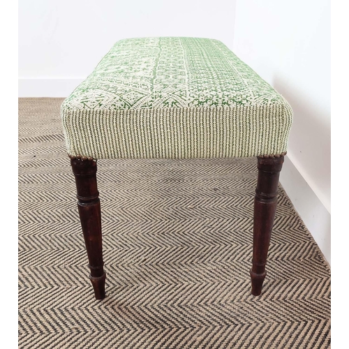 151 - STOOL, part Regency mahogany with patterned green upholstery, 44cm H x 94cm x 44cm.