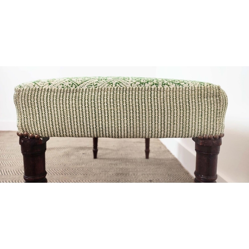 151 - STOOL, part Regency mahogany with patterned green upholstery, 44cm H x 94cm x 44cm.