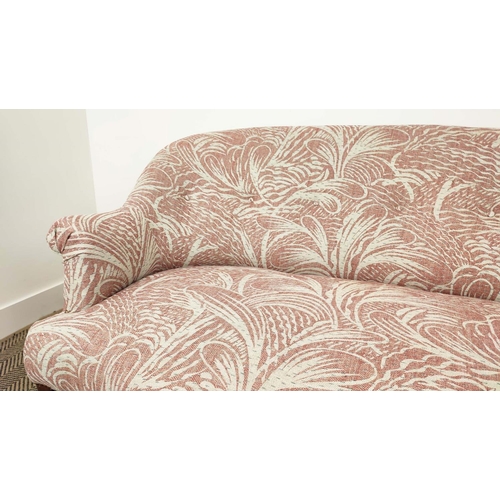 152 - SOFA, mid 20th century design in pink patterned Fermoie fabric, 77cm H x 136cm x 91cm.