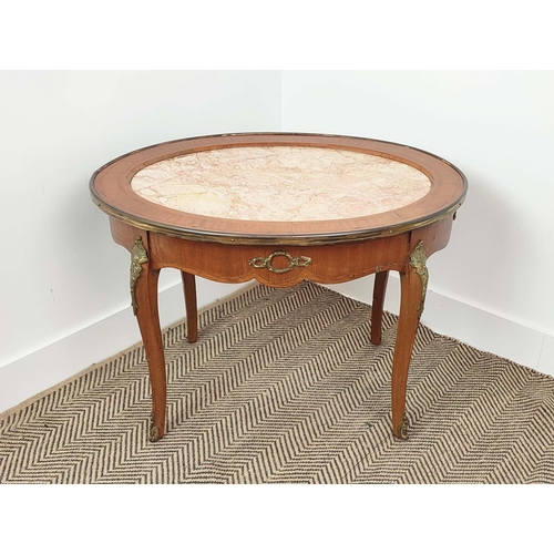 153 - LOW TABLE, circa 1900, French tulipwood, inlaid and brass mounted with inset oval marble top, 54cm H... 