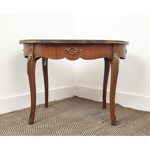 153 - LOW TABLE, circa 1900, French tulipwood, inlaid and brass mounted with inset oval marble top, 54cm H... 