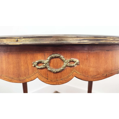 153 - LOW TABLE, circa 1900, French tulipwood, inlaid and brass mounted with inset oval marble top, 54cm H... 