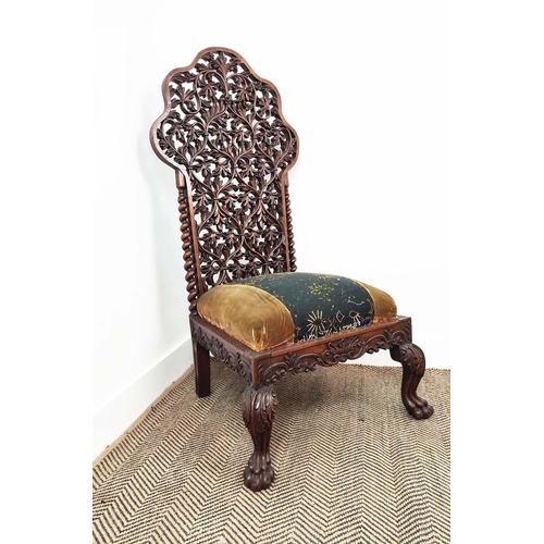 154 - SIDE CHAIR, mid 19th century Anglo Indian rosewood with pierced foliate carved back and drop in need... 