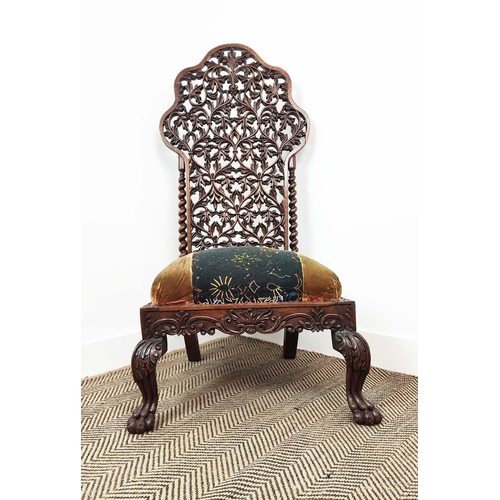 154 - SIDE CHAIR, mid 19th century Anglo Indian rosewood with pierced foliate carved back and drop in need... 