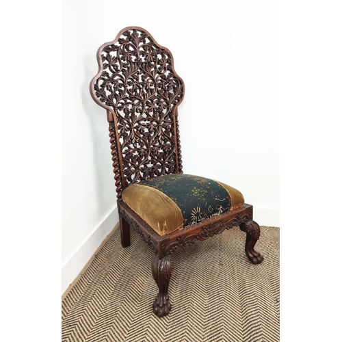 154 - SIDE CHAIR, mid 19th century Anglo Indian rosewood with pierced foliate carved back and drop in need... 