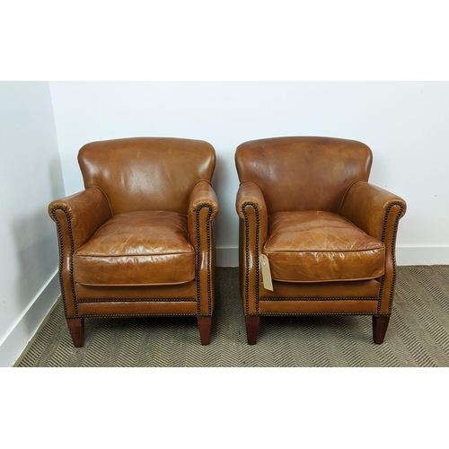 156 - ARMCHAIRS, a pair, tan leather studded upholstery on tapered supports, 75cm H x 55cm W x 70cm D. (2)