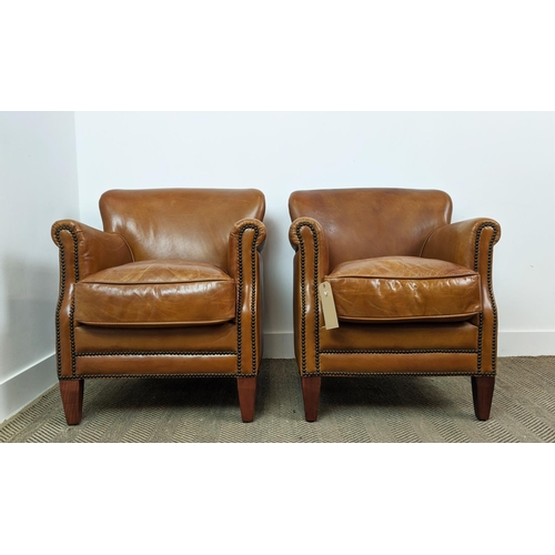 156 - ARMCHAIRS, a pair, tan leather studded upholstery on tapered supports, 75cm H x 55cm W x 70cm D. (2)