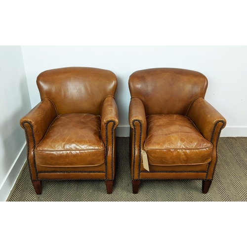 156 - ARMCHAIRS, a pair, tan leather studded upholstery on tapered supports, 75cm H x 55cm W x 70cm D. (2)