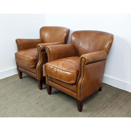 156 - ARMCHAIRS, a pair, tan leather studded upholstery on tapered supports, 75cm H x 55cm W x 70cm D. (2)