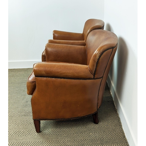 156 - ARMCHAIRS, a pair, tan leather studded upholstery on tapered supports, 75cm H x 55cm W x 70cm D. (2)