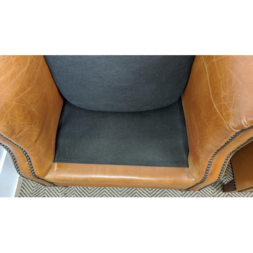 156 - ARMCHAIRS, a pair, tan leather studded upholstery on tapered supports, 75cm H x 55cm W x 70cm D. (2)