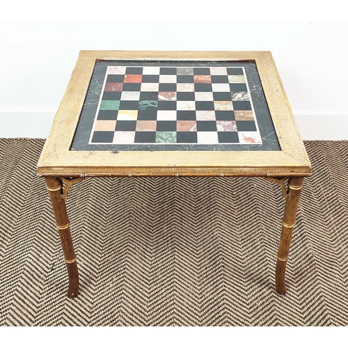 167 - LOW GAMES TABLE, Regency style giltwood and craquelure with inset specimen marble chessboard top on ... 