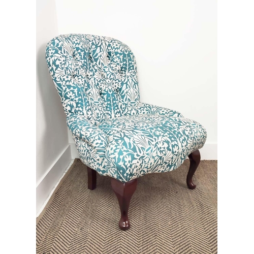 177 - SLIPPER CHAIR, Victorian style in blue and white patterned upholstery, 84cm H x 62cm.