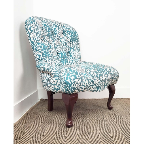 177 - SLIPPER CHAIR, Victorian style in blue and white patterned upholstery, 84cm H x 62cm.