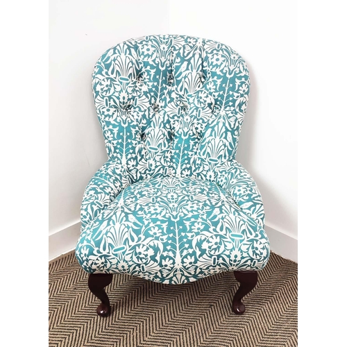 177 - SLIPPER CHAIR, Victorian style in blue and white patterned upholstery, 84cm H x 62cm.