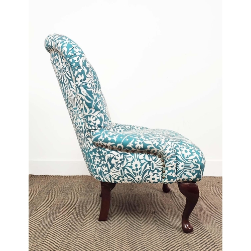 177 - SLIPPER CHAIR, Victorian style in blue and white patterned upholstery, 84cm H x 62cm.