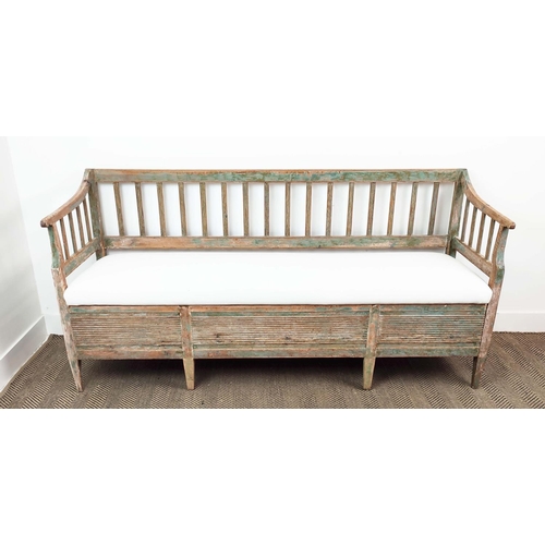 183 - SETTLE, 19th century Swedish painted pine with removable seat and pull out base for storage, 182cm W... 