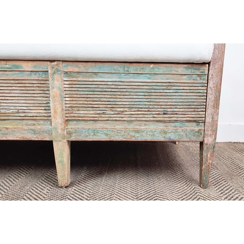 183 - SETTLE, 19th century Swedish painted pine with removable seat and pull out base for storage, 182cm W... 