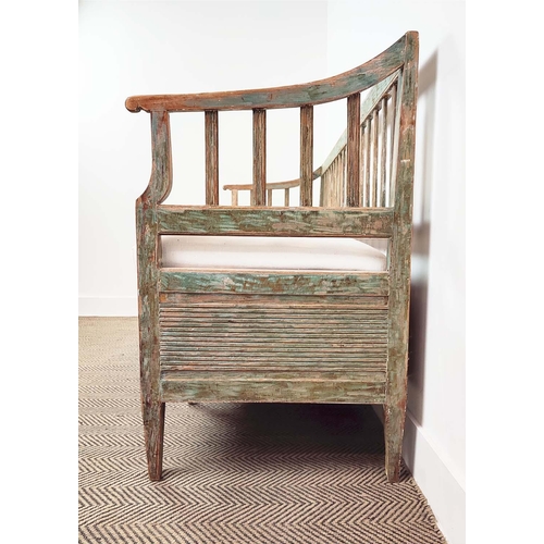 183 - SETTLE, 19th century Swedish painted pine with removable seat and pull out base for storage, 182cm W... 