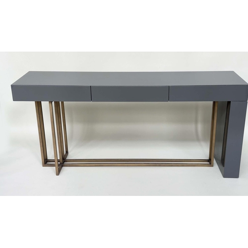 290 - MERIDIANI CONSOLE TABLE, rectangular grey lacquered and gilt metal with three frieze drawers, 172cm ... 