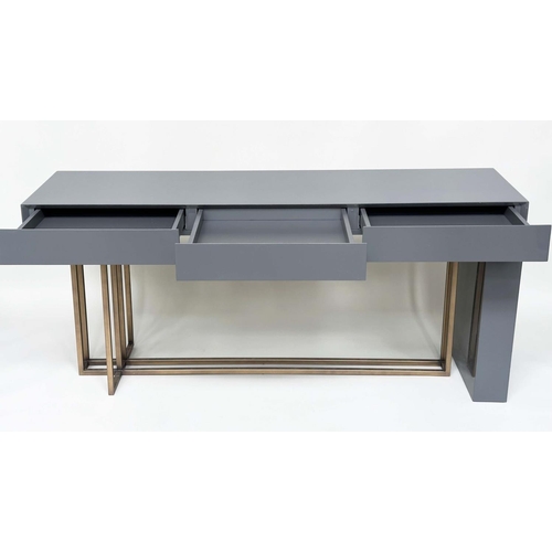 290 - MERIDIANI CONSOLE TABLE, rectangular grey lacquered and gilt metal with three frieze drawers, 172cm ... 