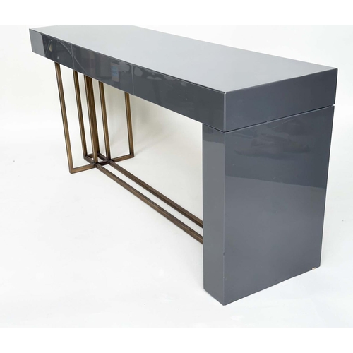 290 - MERIDIANI CONSOLE TABLE, rectangular grey lacquered and gilt metal with three frieze drawers, 172cm ... 