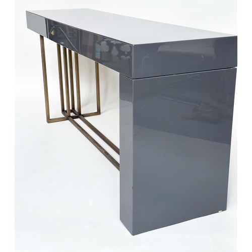 290 - MERIDIANI CONSOLE TABLE, rectangular grey lacquered and gilt metal with three frieze drawers, 172cm ... 