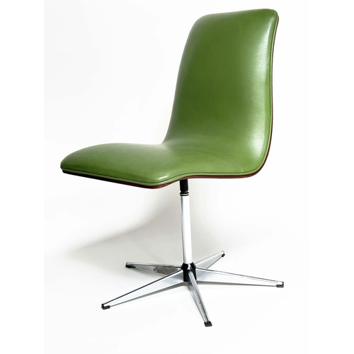 299 - ROBERT HERITAGE CHAIRS, a set of eight, green piped upholstered with veneered curved backs revolving... 