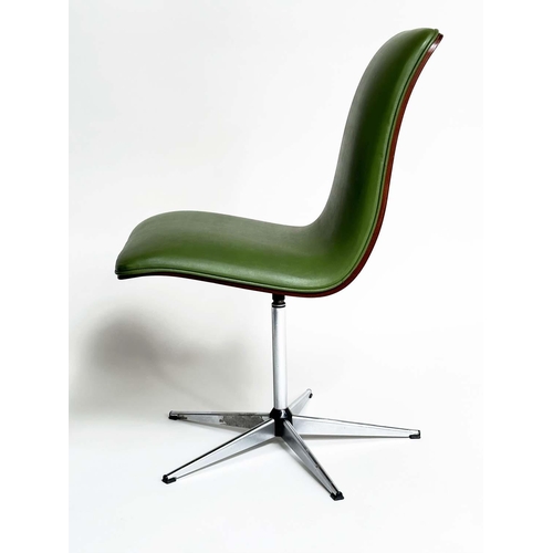 299 - ROBERT HERITAGE CHAIRS, a set of eight, green piped upholstered with veneered curved backs revolving... 