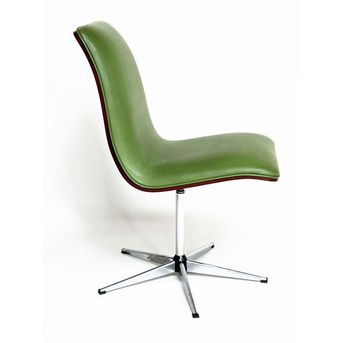 299 - ROBERT HERITAGE CHAIRS, a set of eight, green piped upholstered with veneered curved backs revolving... 