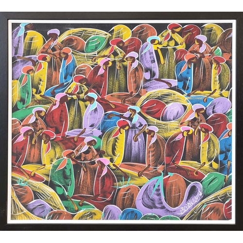 31 - 20TH CENTURY HAITIAN SCHOOL, 'Market Scene', oil on board, 92cm x 63cm, framed, together with four o... 