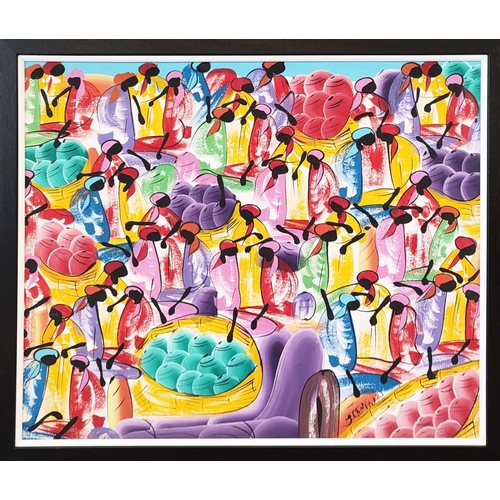 31 - 20TH CENTURY HAITIAN SCHOOL, 'Market Scene', oil on board, 92cm x 63cm, framed, together with four o... 