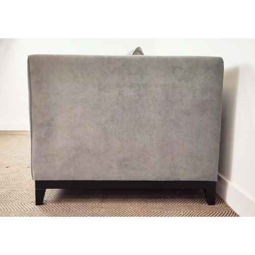 311 - SOFA, grey fabric upholstered, ebonised supports, 160cm x 85cm x 75cm.