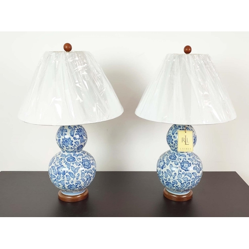 312 - LAUREN RALPH LAUREN HOME TABLE LAMPS, a pair, blue and white ceramic double gourd design, with shade... 