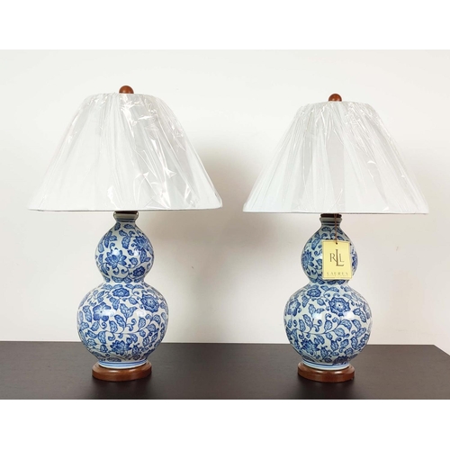 312 - LAUREN RALPH LAUREN HOME TABLE LAMPS, a pair, blue and white ceramic double gourd design, with shade... 