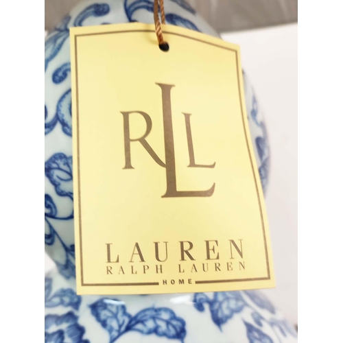 312 - LAUREN RALPH LAUREN HOME TABLE LAMPS, a pair, blue and white ceramic double gourd design, with shade... 