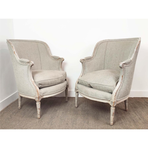 359 - BERGERE CHAIRS, a pair, grey linen upholstery and distressed grey painted frames, 98cm H x 69cm x 65... 