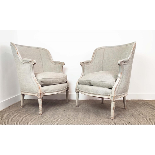 359 - BERGERE CHAIRS, a pair, grey linen upholstery and distressed grey painted frames, 98cm H x 69cm x 65... 