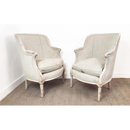 359 - BERGERE CHAIRS, a pair, grey linen upholstery and distressed grey painted frames, 98cm H x 69cm x 65... 