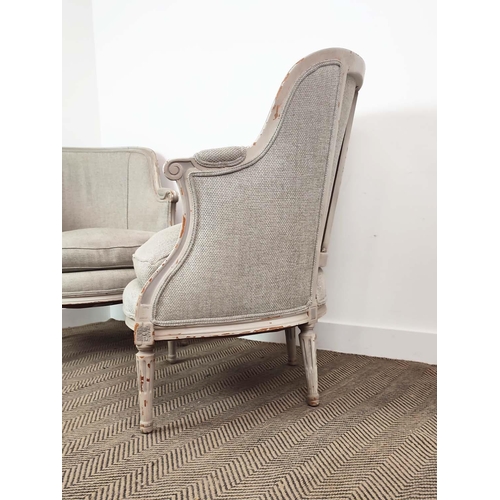 359 - BERGERE CHAIRS, a pair, grey linen upholstery and distressed grey painted frames, 98cm H x 69cm x 65... 