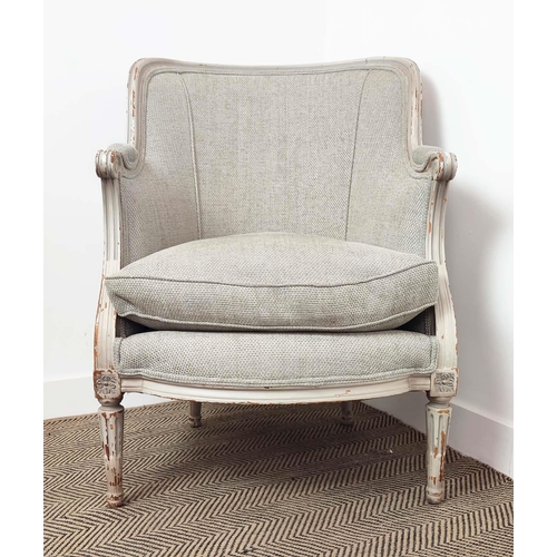 359 - BERGERE CHAIRS, a pair, grey linen upholstery and distressed grey painted frames, 98cm H x 69cm x 65... 