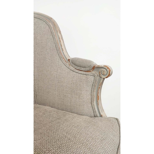 359 - BERGERE CHAIRS, a pair, grey linen upholstery and distressed grey painted frames, 98cm H x 69cm x 65... 