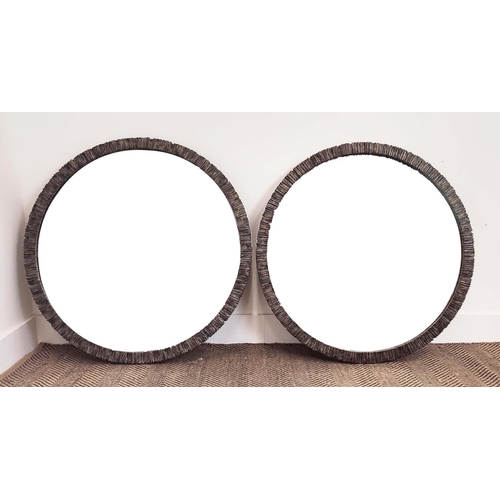 360 - WALL MIRRORS, a pair, circular, with silvered textured frames, 79cm W. (2)