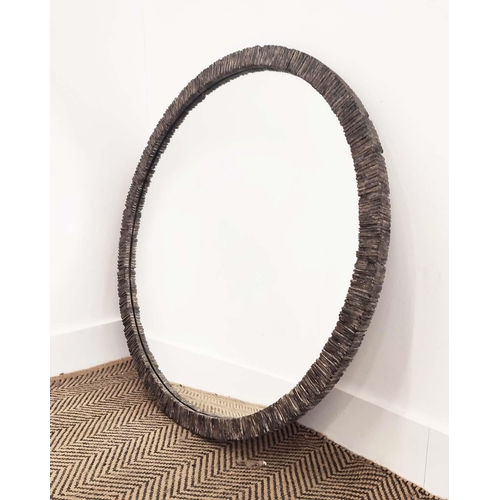 360 - WALL MIRRORS, a pair, circular, with silvered textured frames, 79cm W. (2)