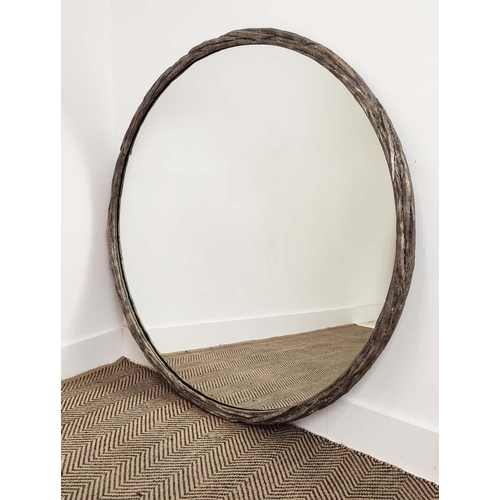 361 - WALL MIRROR, circular with silvered textured frame, 109cm W.