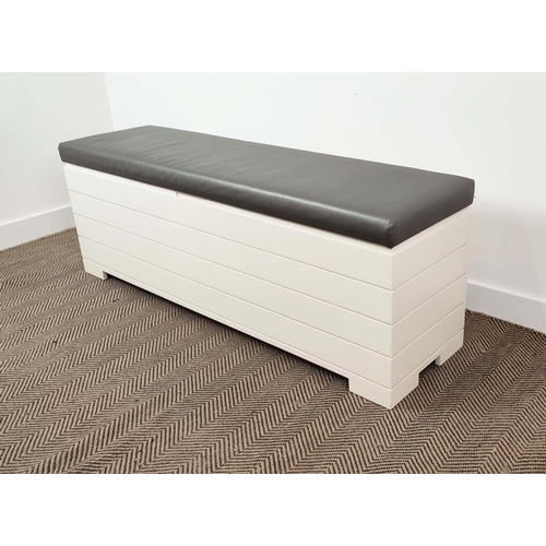 362 - OTTOMAN BENCH, grey leather lift up top, 54cm H x 151cm W x 41cm D