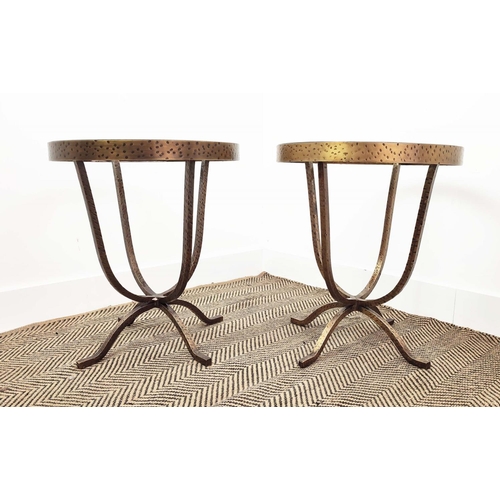 364 - SIDE TABLES, a pair, circular glass tops on hammered metal bases, 52cm H x 45cm. (2)